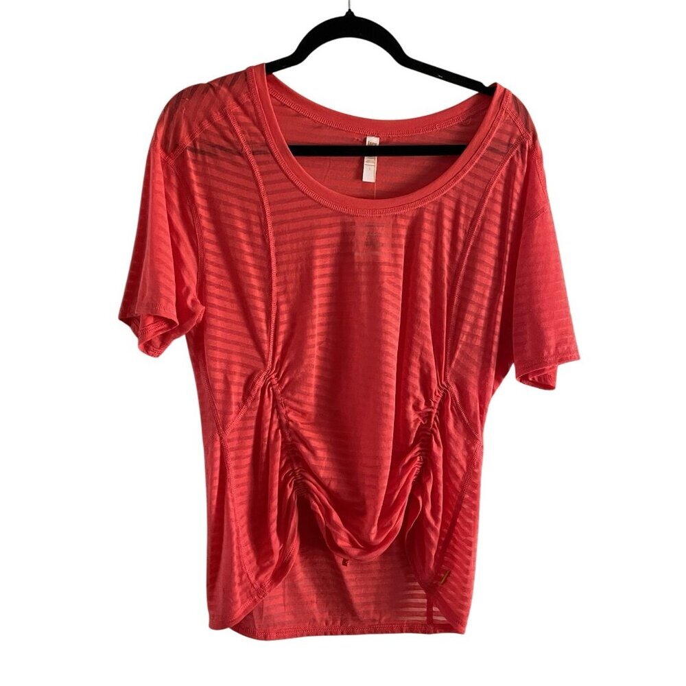 Lucy Women L Coral Burnout Striped Ruched Short Sleeve Worth The Weights Tee NWT